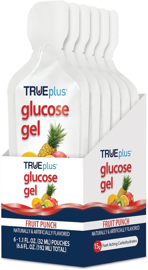 TRUEPlus GluxGel Pouch, Fruit Punch Flavor, 15g Fast-Acting Carbohydrates, Fat Free, Gluten Free, Quick Duck for Low Blood Sugar and Energy, 6 Pack