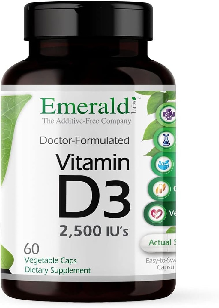 EMERALD LABS Vitamin D3 2.500 i.e. - podpira zdravje kosti, zob, mišic, srca in imunskega sistema - Premium prehranska dopolnila - 60 rastlinskih kapsul (60-dnevna zaloga)