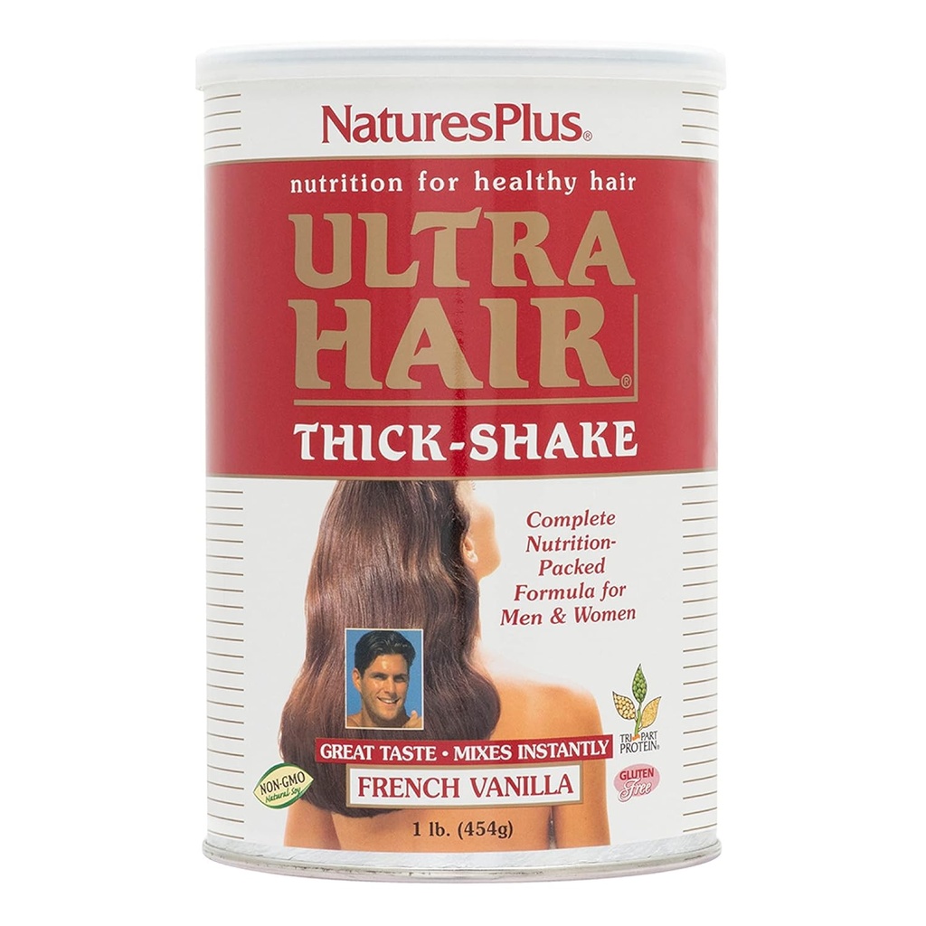 Natures Plus Ultra Hair Thick Shake - 1 lb, Hair Protein Shake - French Vanilla Flavor - Suplemento de crescimento saudável do cabelo com vitaminas e minerais - Não-GMO, sem glúten - 16 Servings