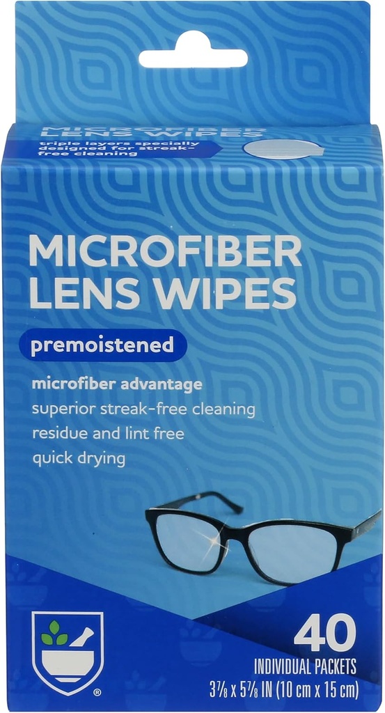 Rite Aid Eye Care Microfiber Lens Wipes, Premoistened, Individually Wrapped Packets - 40 Count | Quick Drying, Anti-Streak Formula| Eyeglass Cleaning Wipes | Eye Glass Cleaner and Cloths | Lens Wipes
