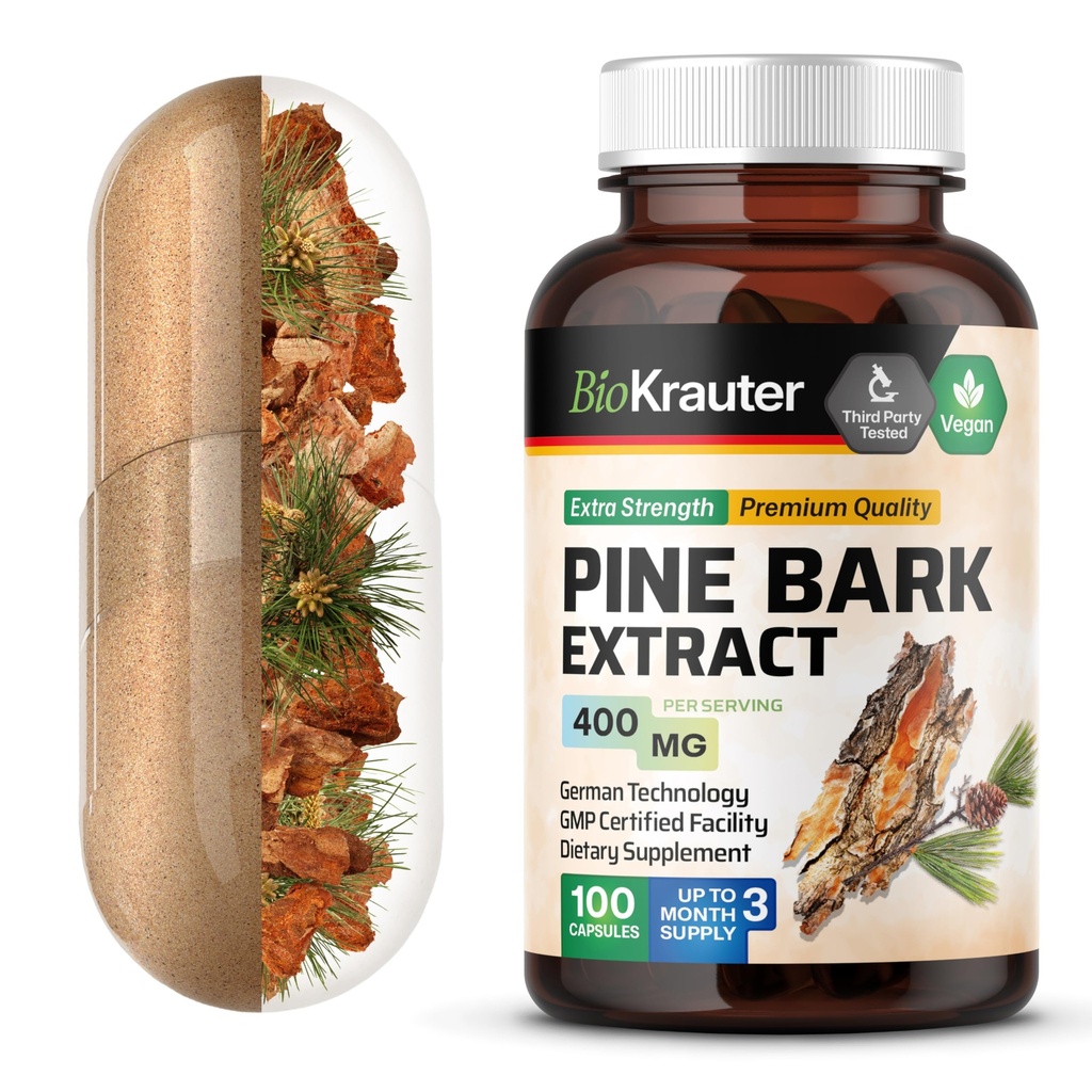 BIO KRAUTER® Pine Bark Extract for Circulatory & Antioxidant Support - Vegan French Maritime Pine Bark Herbal Supplements - Natural Antioxidants & Skin Support - 400 mg per Serving, 100 Сapsules