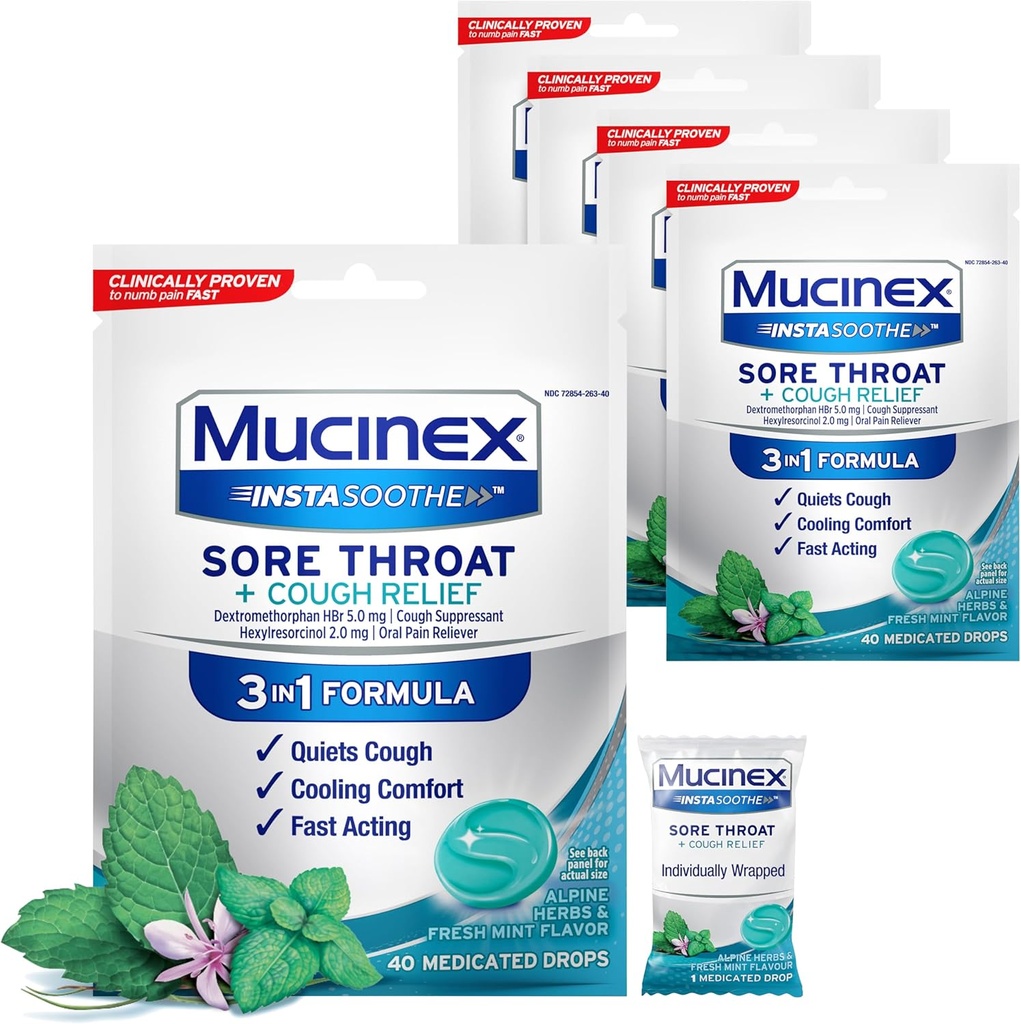 Mucinex InstaSoothe Sore Try + Cough case Alpine Herbs & Mints, Fast Flavor, hành động nhanh, sự an ủi làm mát, sức mạnh Ore Nation Oral Oliever, 40 thuốc giảm đau (40 Bá tước (Pack of 5)