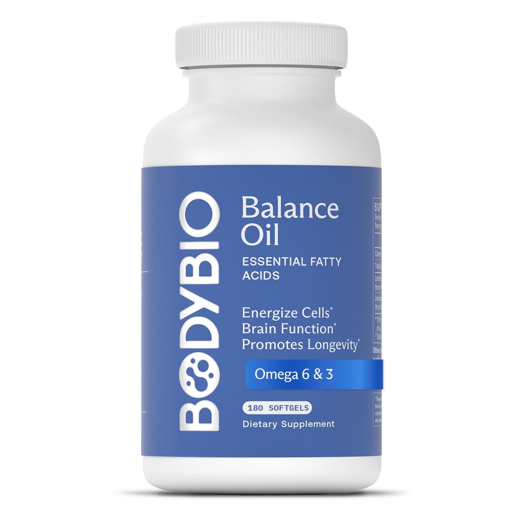 BodyBio Balance Oil - Vegan Omega 3 6 Supplement - Cold-Pressed Safflower & Flaxseed Oil - Supports Brain Function, Healthy Skin, and Mood - 180 Softgels