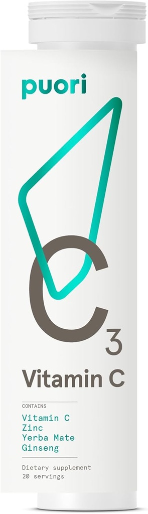 Puori C3 Vitamin C Supplement for immun og antioksidant støtte - 20 serveringer - vitamin C, sink, Yerba Mate, Ginseng hjelper mot tretthet og kognitiv funksjon