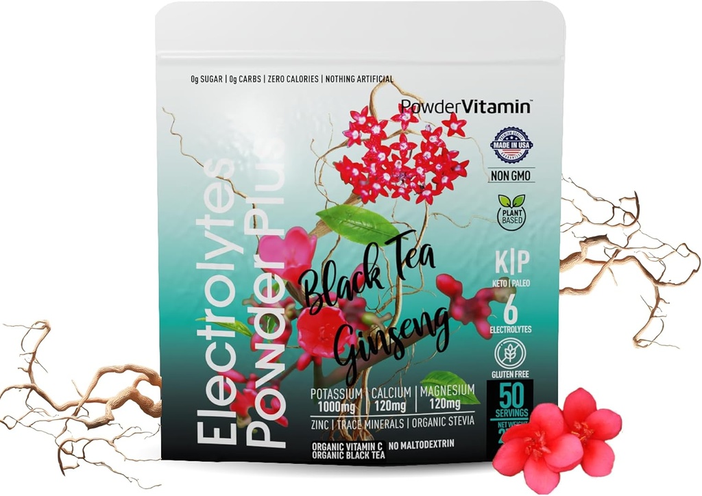 TozVitamin Electrolytes Toz Plus (50 Xidmətlər) Black Tea Ginseng Electrolyte Toz Keto, Sugar Free, Pink Himalayalar Salt, 1000mg Pium, 120mg Kaloriya, 120mg maşın, Hydration Toz