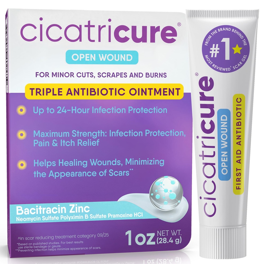 Cicatricure Triple Antibiotic Ointment with Pain Relief, Bacitracin, 1 oz | Essential Antibiotic Ointment for Wound Care, Healing Ointment for Cuts, Burns, Insect Bites, First Aid Supplies Essential