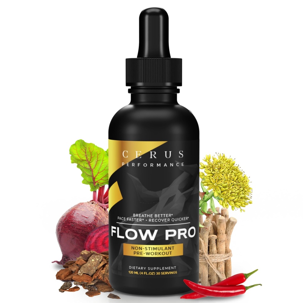 Cerus Performance Flow Pro Stimulant-Free Endurance Pre-Workout – Boosts Stamina, Supports Heart Health with Natural Herbs, Vegan-Friendly - 4 Fl Oz