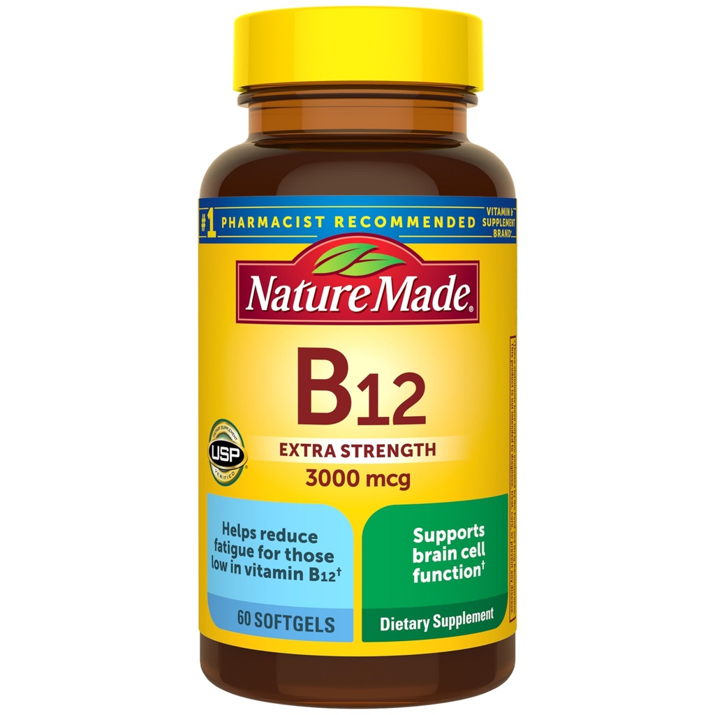 Nature Made Vitamin B12 Extra Strength 3000 mcg Softgels, 60 Softgels | B12 Vitamin Supplement for Energy Metabolism Support for Men and Women, Gluten Free, 60 Day Supply