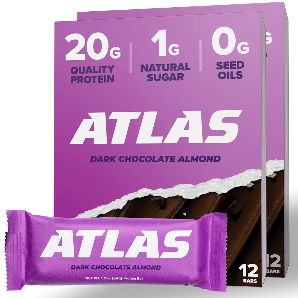 Atlas Protein Bar, 20g protein, 1g cukr, čisté přísady, gluten zdarma, tmavá čokoláda mandle (12 Počet, balení po 2)