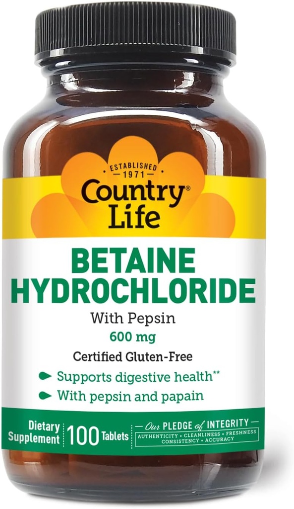 Valsts dzīve Betaine hidrohlorīds ar Pepsin, 600mg, 100 tabletes, Certified Gluten Free