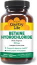 Country Life Betaine Hydrochloride with Pepsin, 600mg, 100 Tablets, Certified Gluten Free