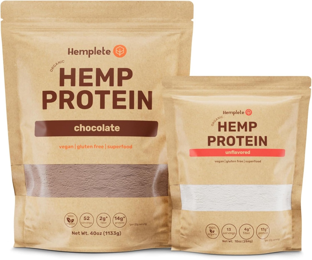 Pó de proteína Vegan cânhamo para a saúde do coração e do cérebro, fácil de digerir proteína vegetal para construção e recuperação muscular, 9 Aminoácidos essenciais, (Chocolate40oz e sem sabor10oz)