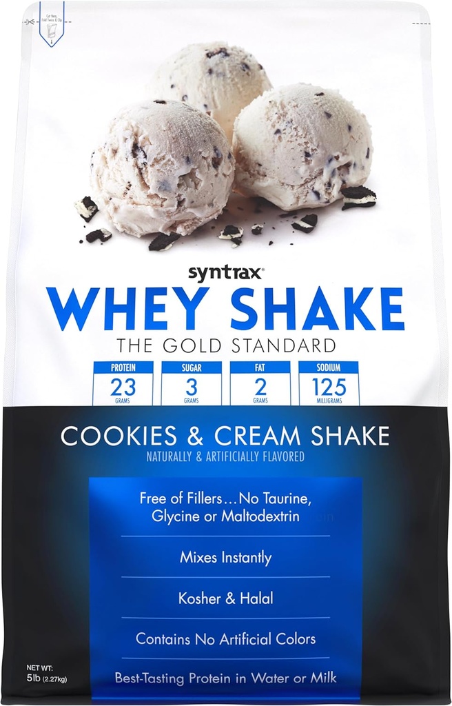 Syntrax Nutrition Whey Shake, miscela di proteine del siero di latte filtrato a freddo e non denaturato, biscotti & crema Shake, 5 lbs, pezzi di biscotti reali