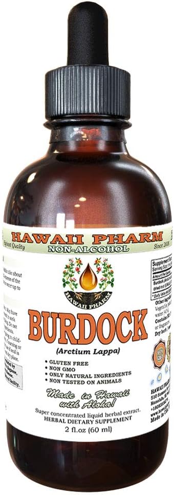 Burdock Alkoholik gabeko Liquid Erauzketa, Burdock Organikoa (Arctium Lappa) Dried Root Glycerite Hawaii Pharm Natural Herbal Supplement 2oz
