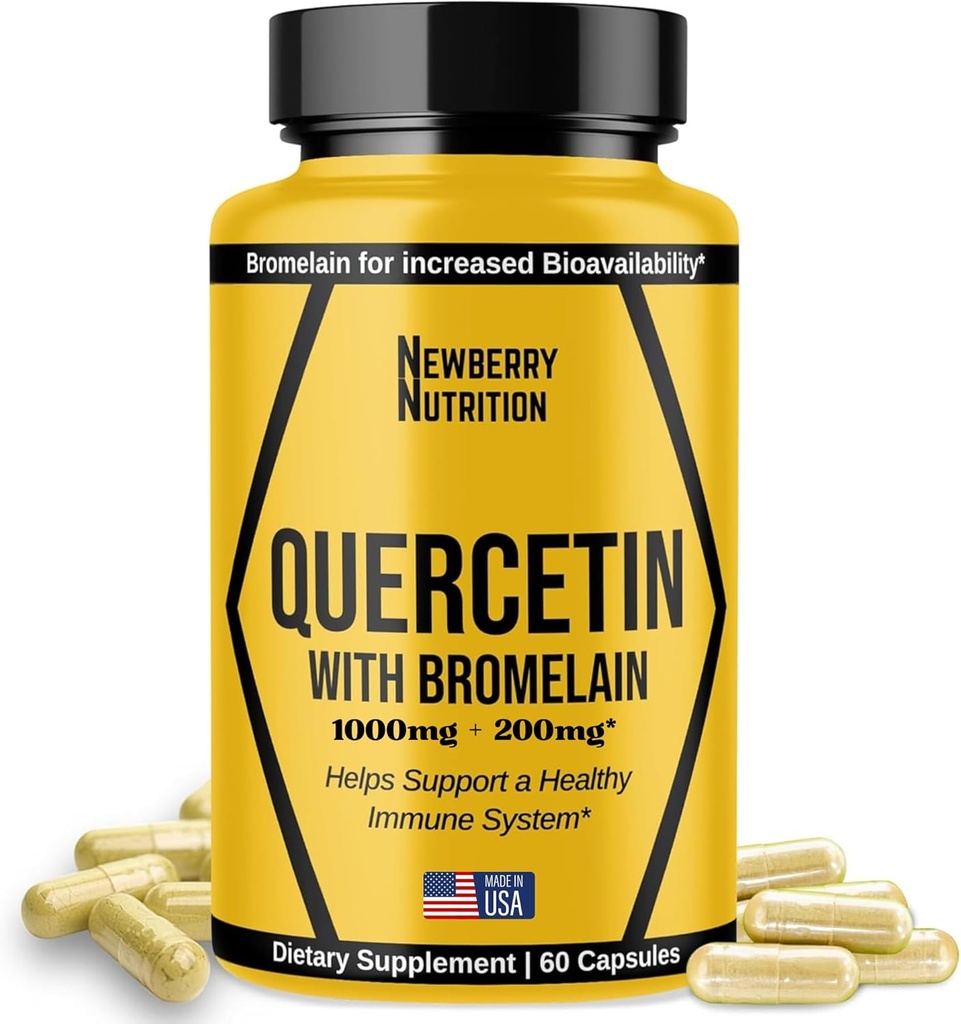 Quercetina con Bromelain Suplemento 1200mg, Quercetina 500mg cápsulas, ayuda a apoyar la inmunidad saludable, antioxidante potencial, 60 cuenta