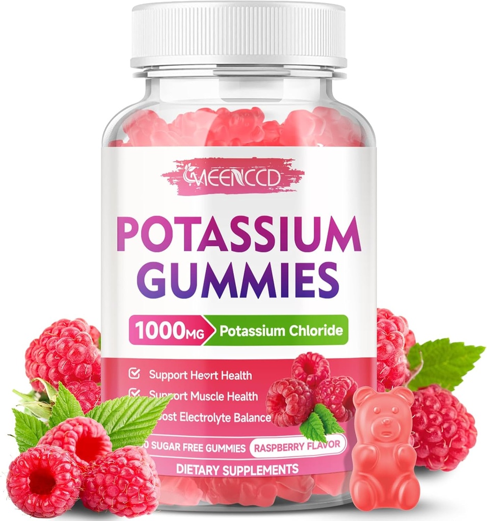 Potassium Gummies, Potassium chloride 1000mg cho người lớn, Sugar- Free Potassium hỗ trợ điện tử cán cân và chân cán cân phụ nữ, Raspberry Flavor, 60 bá tước