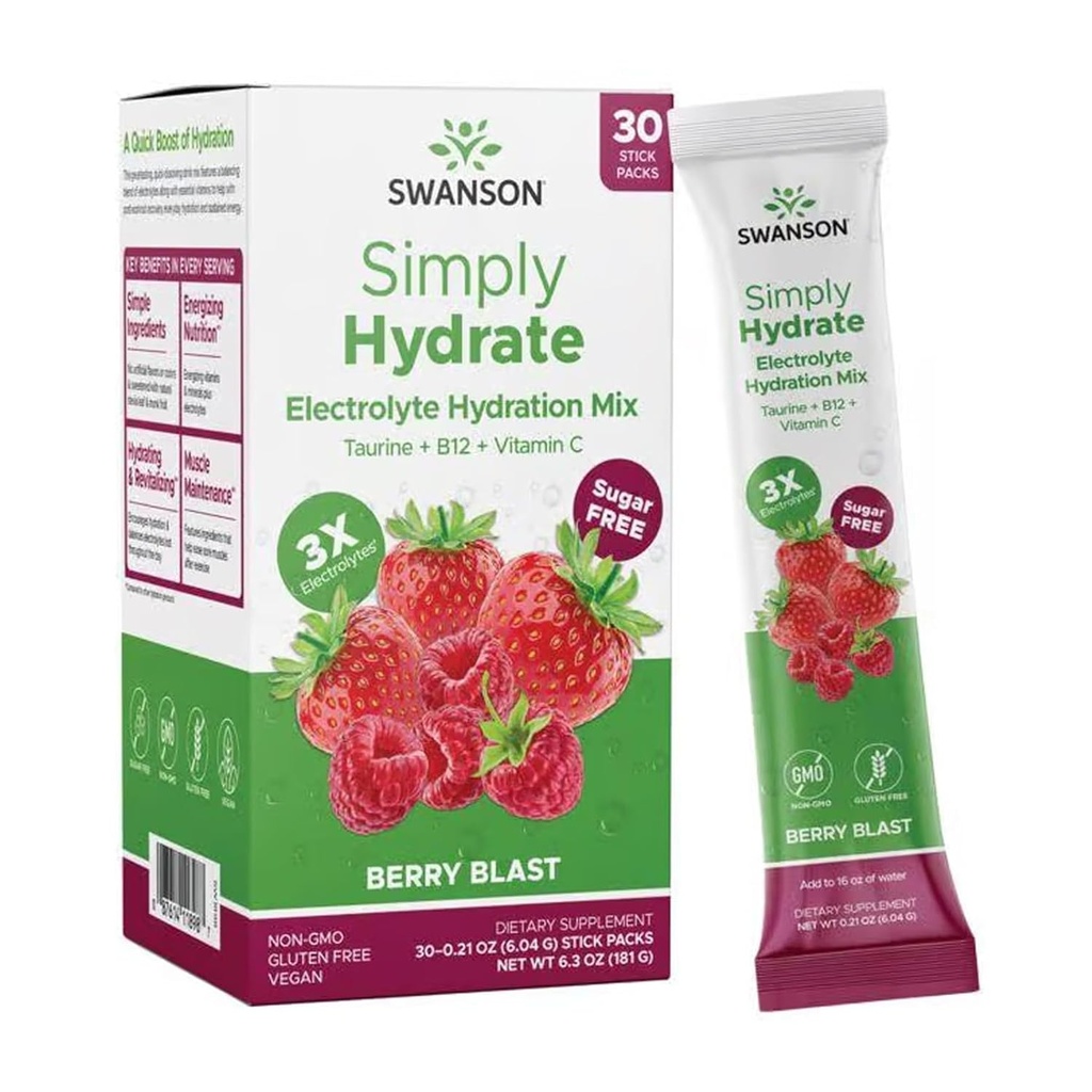 Swanson Simply Hydrate Electrolyte Powder Mix - Sugar-Free Drink Mix with 0 Calories - Convenient On-The-Go Hydration Powder - Advanced Electrolyte Drink Mix - Berry Blast Flavor - 30 Packets
