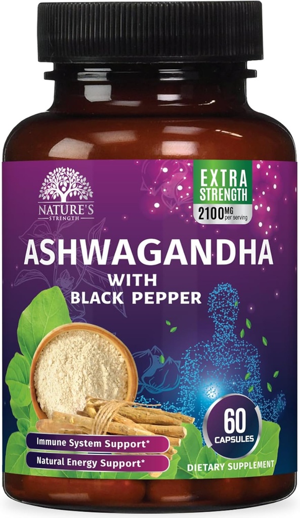 Ashwagandha Supplementi 2100mg - Polvere di Ashwagandha ad alta resistenza e estratto di radice con pepe nero per l'assorbimento massimo, integratori di antiossidante di erbe per le donne e gli uomini, Vegan, non OGM - 60 capsule