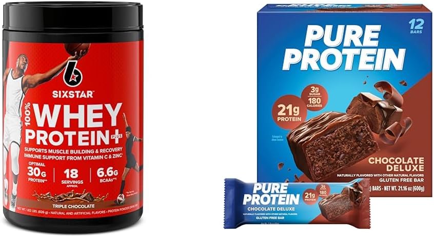 Six Star Elite 100% Whey Protein Plus Triple Chocolate 1.8lbs and Pure Protein Chocolate Deluxe Protein Bars 12 Count Pack