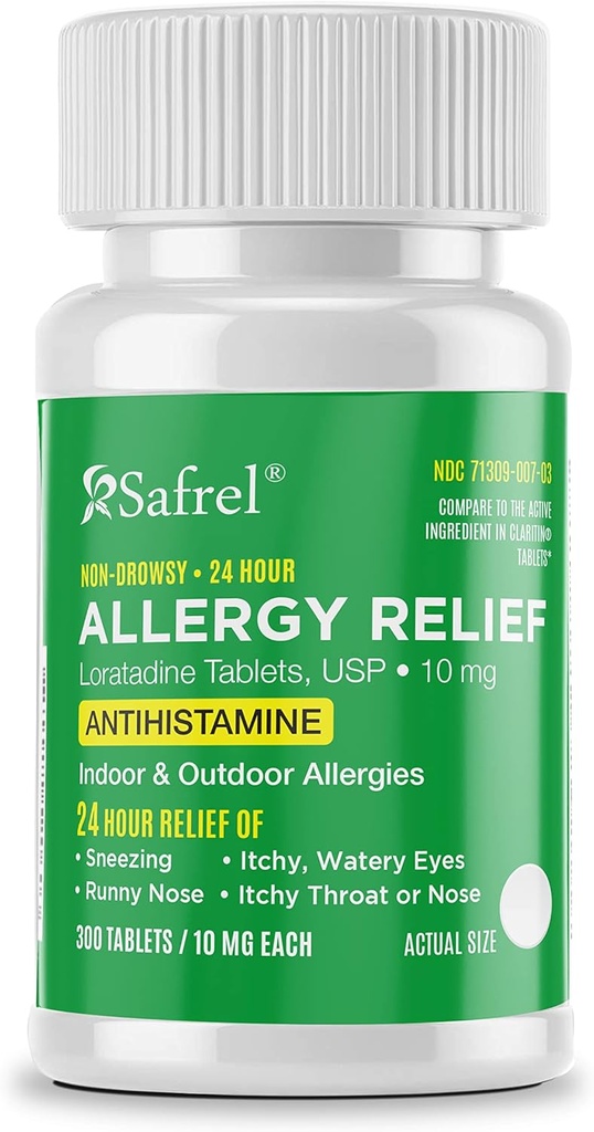 Safrel alergia 10mg Tabletak | Ez-nahastu 24 Ordu Alergia Erliebe Medikuntza | Antihistamina Laguntza Runny Nose, Sneezing, Itchy, Ur-begiak (300 kondea 1)