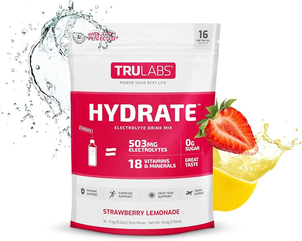TRULABS Hydrate Strawberry Lemonade, Hydraation Elektrolyytti jauhettu Drink Mix,16 Sticks. Nollasokeria, vain 5 kaloria, 503 mg elektrolyyttejä.