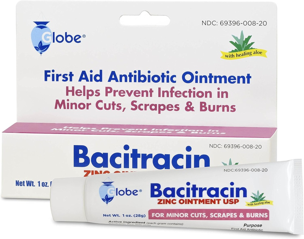 Globe Bacitracin Sink 1 oz Tube, First Aid Antibiotic Ointment hjelper å forhindre infeksjon i mindre kutt, skraper og brenner