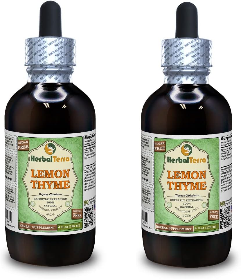 Lemon Thyme (Thymus x Citriodorus) Glycerite, extracto líquido seco orgánico Herb líquido sen alcohol (Nome de terra: HerbalTerra, Proudly Made in USA) 2x4 fl.oz (2x120 ml)