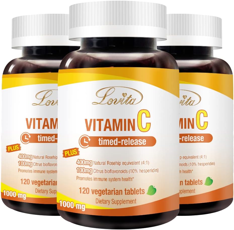 Lovita Vitamin C 1000mg с Bioflavonoids & Rose HIPS, Timed Release Coating, High Potency, Support Boost Здравословна имунна функция, 120 Вегетариански таблетки за 4 месеца доставка (пакет от 3)