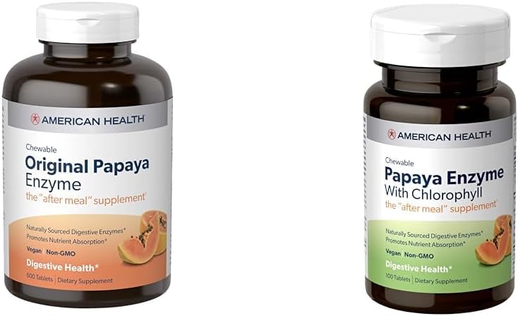 American Health Papaya Digestive Enzyme Chewable Tablets Bundle - Originale 600 Conte e con Chlorophyll 100 Conte