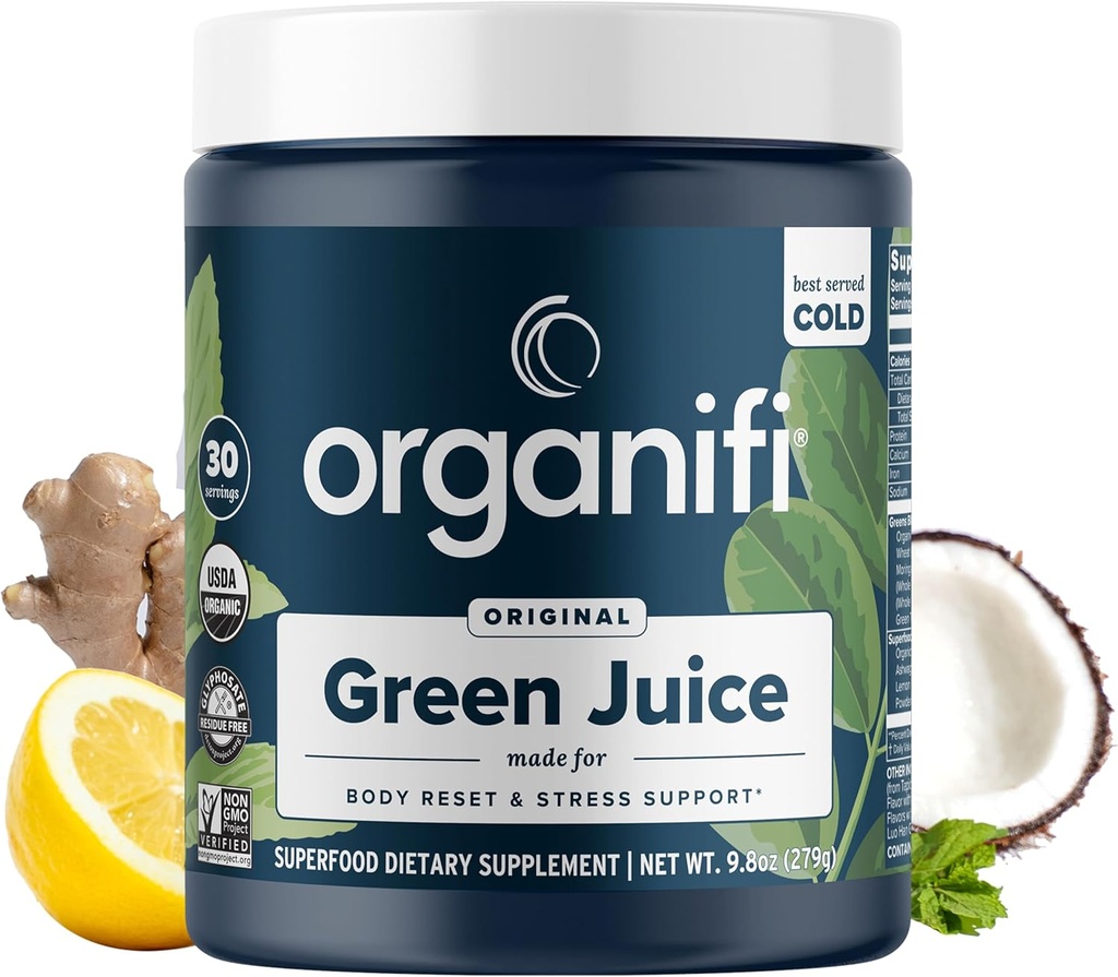 Organifi Green Juice -- -- 配有有机螺旋藻、Ashwagandha和Chlorella的粉末补充剂 -- -- 帮助实现健身目标和降低科尔蒂索尔水平,30天供应