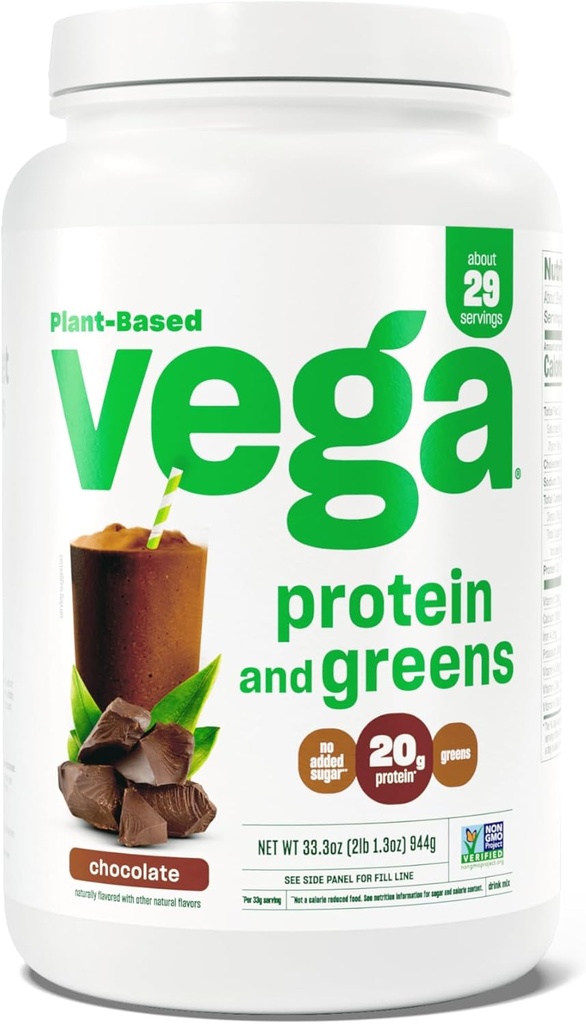 Vega Protein and Greens Protein Powder, Chocolate - 20g Planta Based Protein Plus Veggies, Vegan, Non GMO, Ervilha Protein for Women and Men, 2.1bs