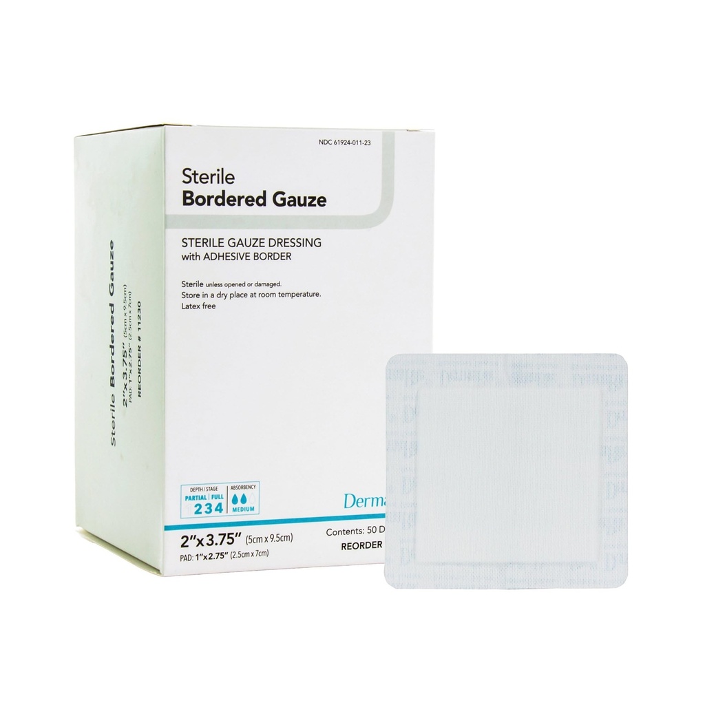 DermaRite's Sterile Bordered Gauze Dressing with Adhesive Border - Flexible Non-Linting Material, First-Aid, Individually Packaged - 2 in. x 3-3/4 in., 1 Count, 50 Packs, 50 Total