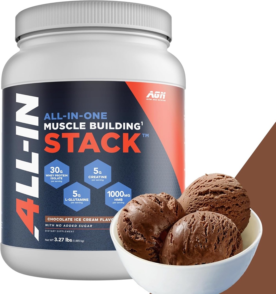 Muscle Building Stack - Chocolate Whey Protein Isolatua, Creatine Monohydrate, HMB eta L-Glutamine, 4 Produktuak batean, Ez artifiziala, 30 zerbitzatu