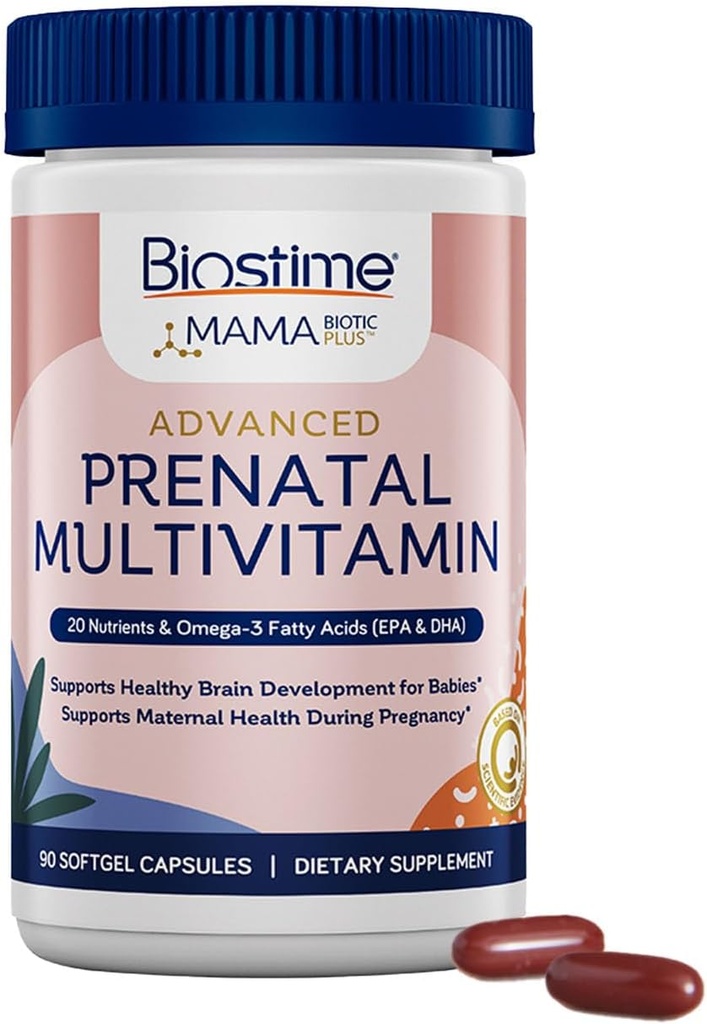Biostime Advanced Prenatal Vitamiineja naisille 20 ravintoaineet, monivitamiini, foolihappo, rauta, prebiootti ja Omega 3 EPA & DHA rasvahapot . Raskaus Vitamiinit & tuki täydentää 90 Softgel pillereitä