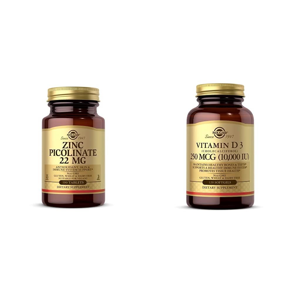 Solgar Zinc Picolinate 22 mg, 100 Tablets - Promotes Healthy Skin - Supports Immune System, Normal T with Vitamin D3 (Cholecalciferol) 250 MCG (10,000 IU), 120 Softgels - Helps Maintain Healthy Bones