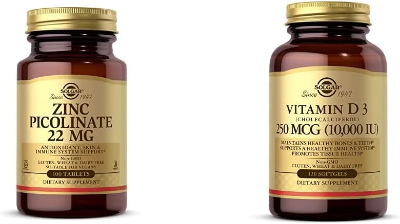 Solgar Zirc Picolint 22 mg, 100 bảng - khuyến khích da khỏe mạnh - Hỗ trợ Immune System, bình thường T với vitamin D3 (Cholecalcferol) 250 MCG (100.000 IU), 120 Tig - giúp duy trì sức khỏe xương