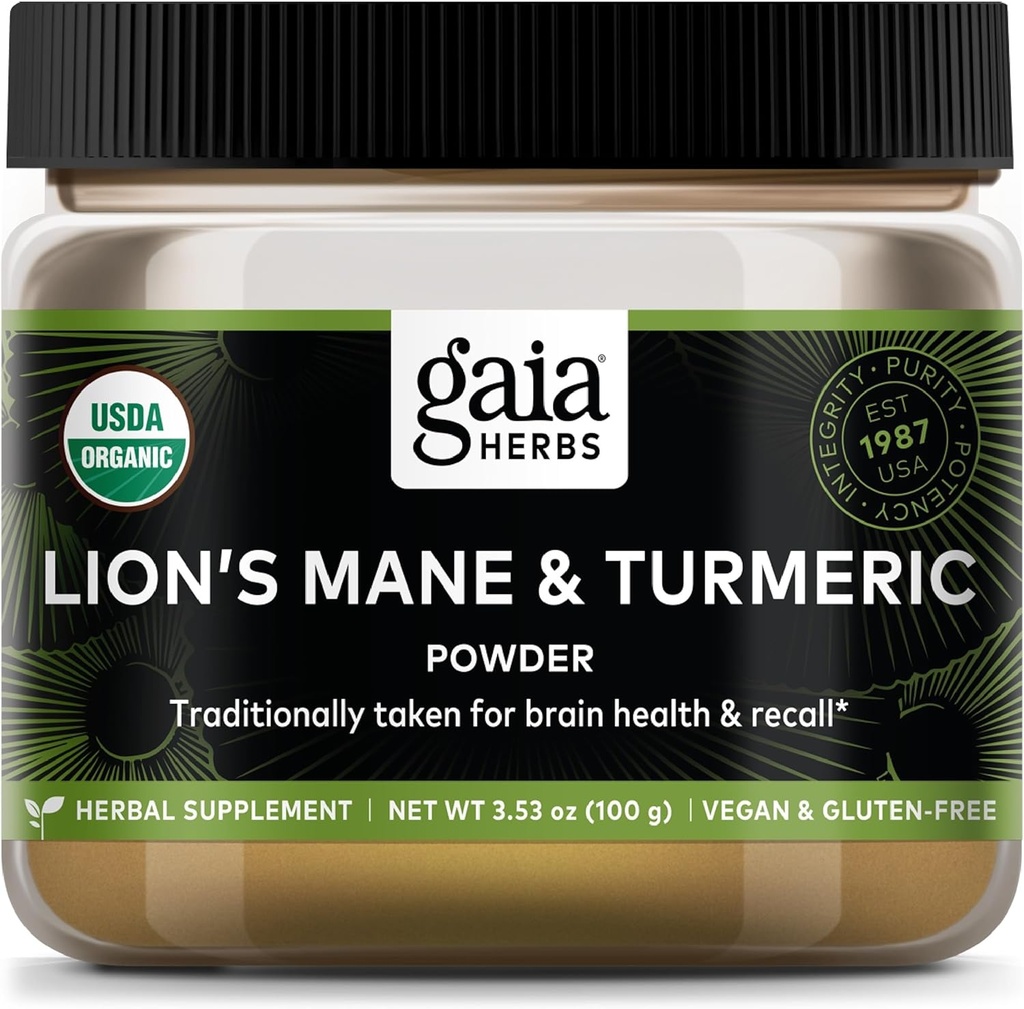 Gaia Herbs Lion's Mane & Turmeric Powder - 草药蘑菇补充粉剂以帮助维持大脑健康和召回 - USDA认证有机-3.53 Oz(最多45天供应)