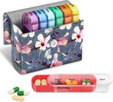 FINPAC Weekly Pill Organizers 4 Times A Day, Slide Open PU Leather Case Travel Pill Vitamin Tibbi Xəzərlik və Morning üçün Adı Kartı ilə Planlaşdırmaq və Planlaşdırmaq (Blooming Hibiscus)