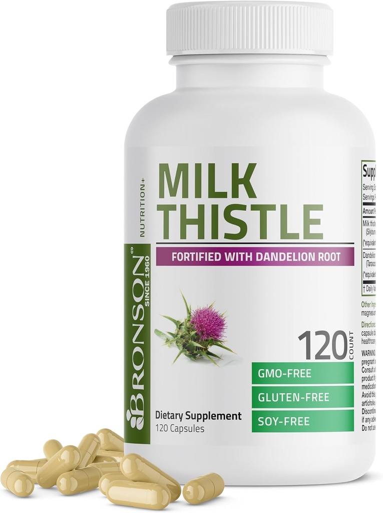 Bronson Milk Thistle Silymarin Marianum & Dandelion Root Liver Health Support, Antioxidant Support, Detox, 120 Kapsule
