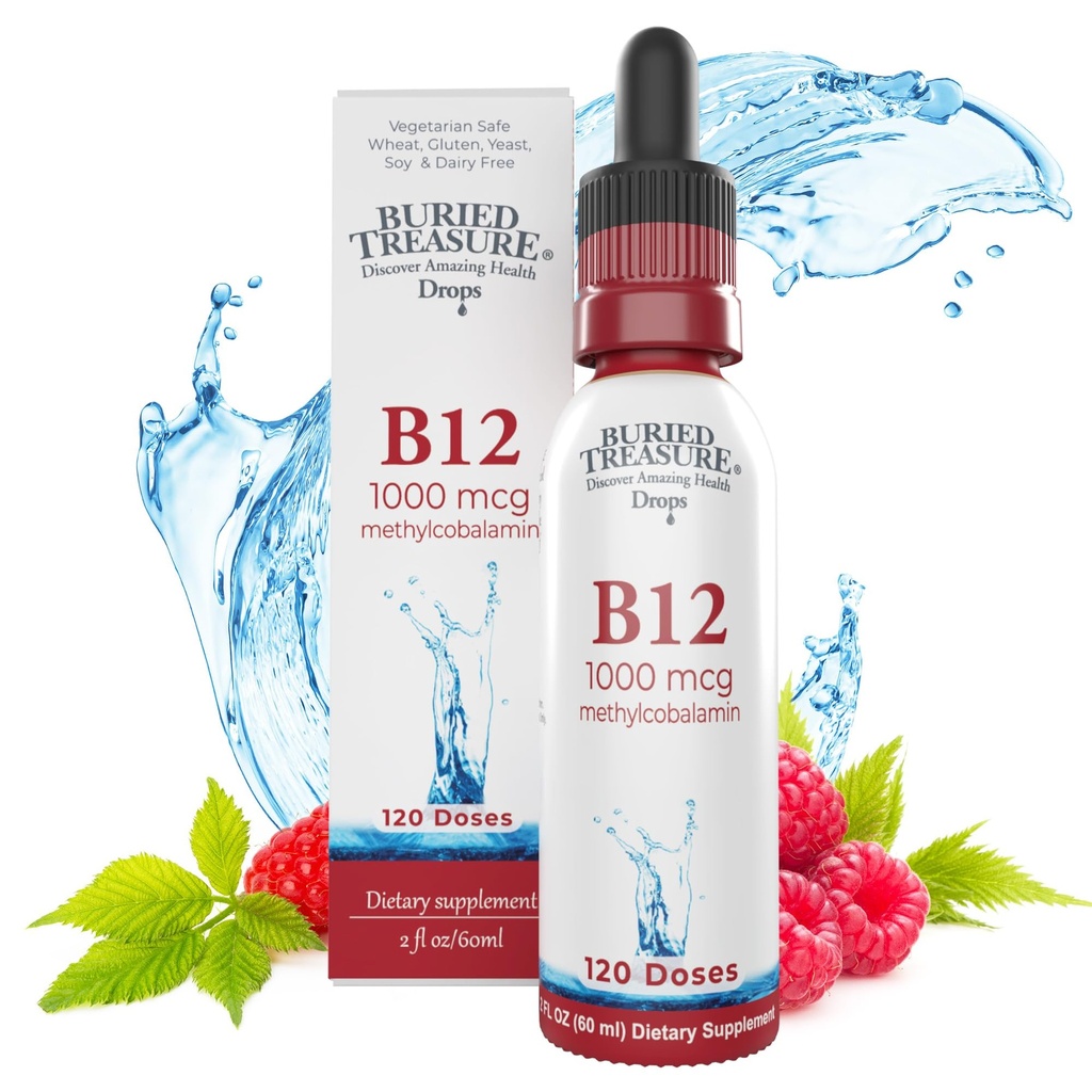 Buried Treasure B12 Drops - 1000mcg Vitamin B12 Methylcobalamin per Serving, 120 Servings - Sublingual B12, Alcohol-Free, Vegan, Raspberry Flavor, 2 oz Bottle, Graduated Dropper Accurate Dosing