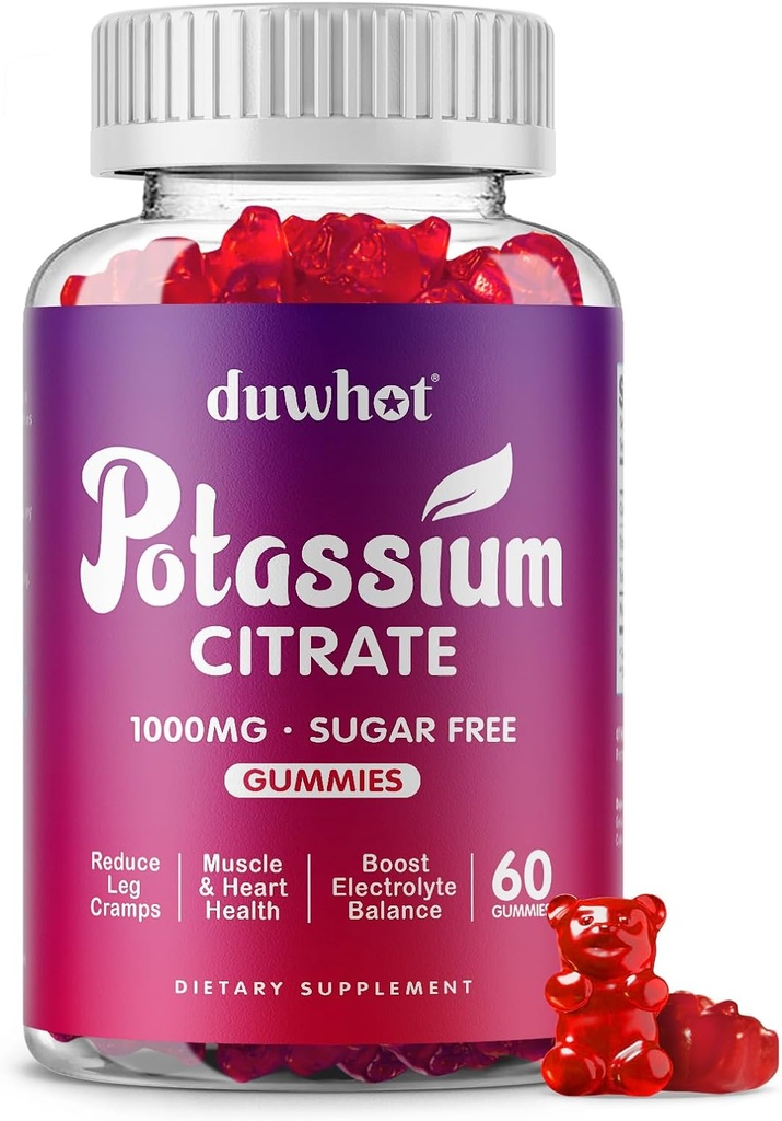 Potasio Citrate 1000mg Gummies, Potasio gehigarria helduentzako emakumeentzat eta gizonentzat, sostengatu hanka-laginak eta muskulu-osasuna, 60 Chewables