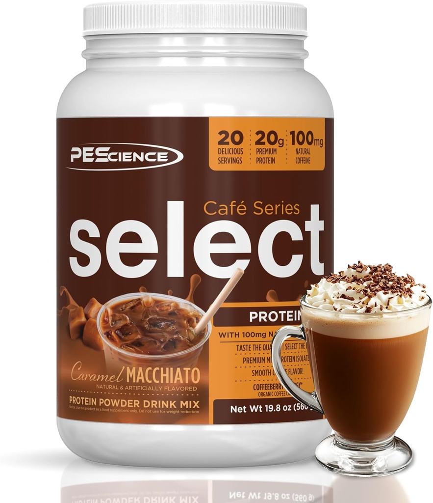 PEScience Select Cafe Protein Coffee Polvere aromatizzata, Caramel Macchiato, 100 mg di caffeina, 20g polvere di caffè di proteine a freddo o cremoso, 20 porzioni