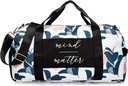 Gym Bag for Women with Shoe Compartment and Wet Pocket  for Durable Light weight Gym Duffle Bag with Motivational Quote and Graphic Designs s Great for Exercise and Overnights  - White/Navy - Guava Leaf