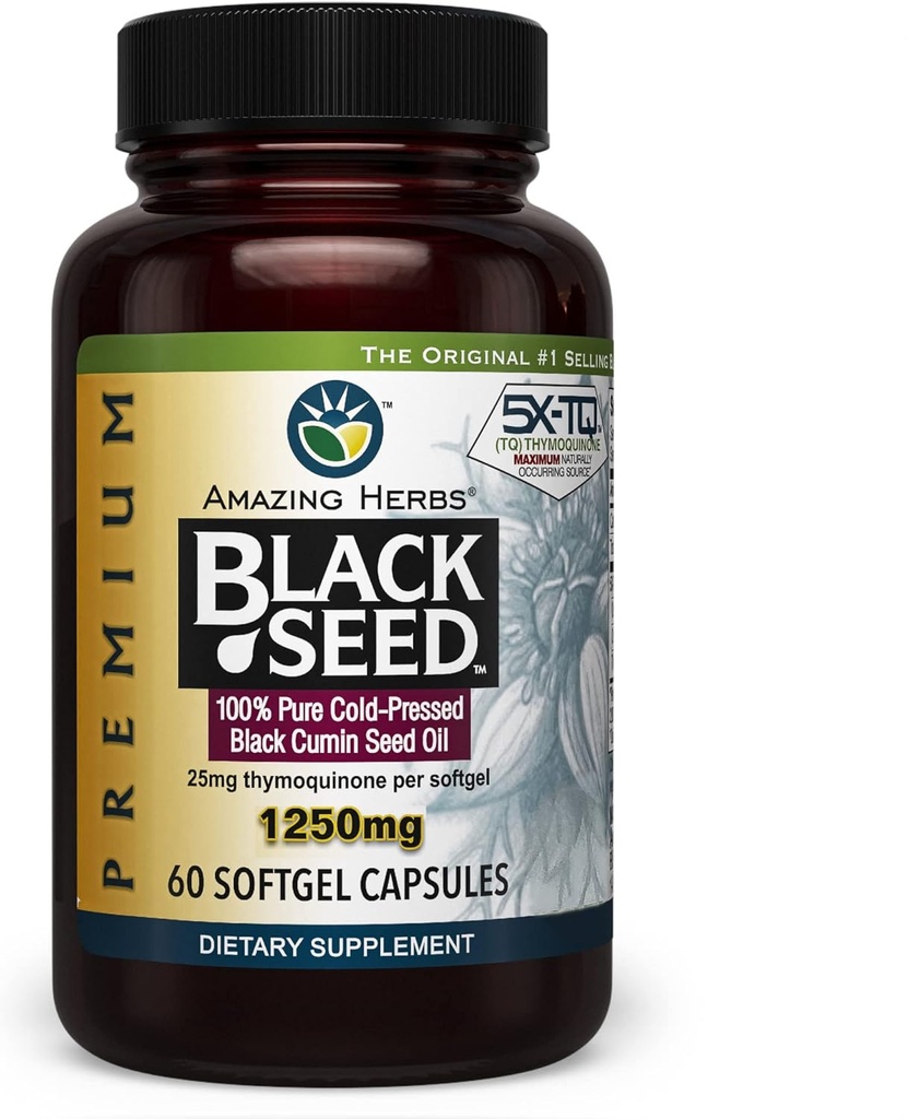 Amazing Herbs Premium cápsulas de aceite de semente negra - alta potencia, Cold Pressed Nigella Sativa Aids in Digestive Health, apoio inmune e función cerebral - 60 Conde, 1250mg