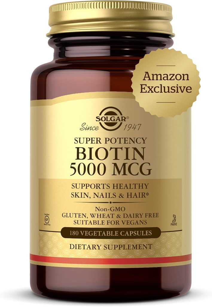 Solgar Biotin 5000 mcg - Sağlamlıq Skin, Nails & Saç - Enerji İstehsalatı və Metabolizm - Vitamin B - Gluten Pulsuz - 180 Count
