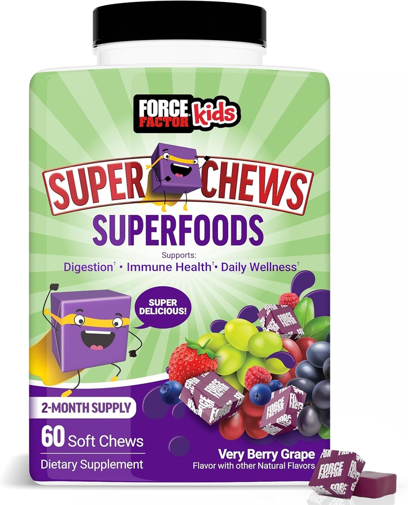 FORCE FACTOR Çocuklar Superfood Super Chews, Çocuklar C & D, Immune Support Supplement with Antioksi Support from Tozed Fruits & Veggies, 2Month Supply, Very Berry Grape Flavor, 60 Soft Chews
