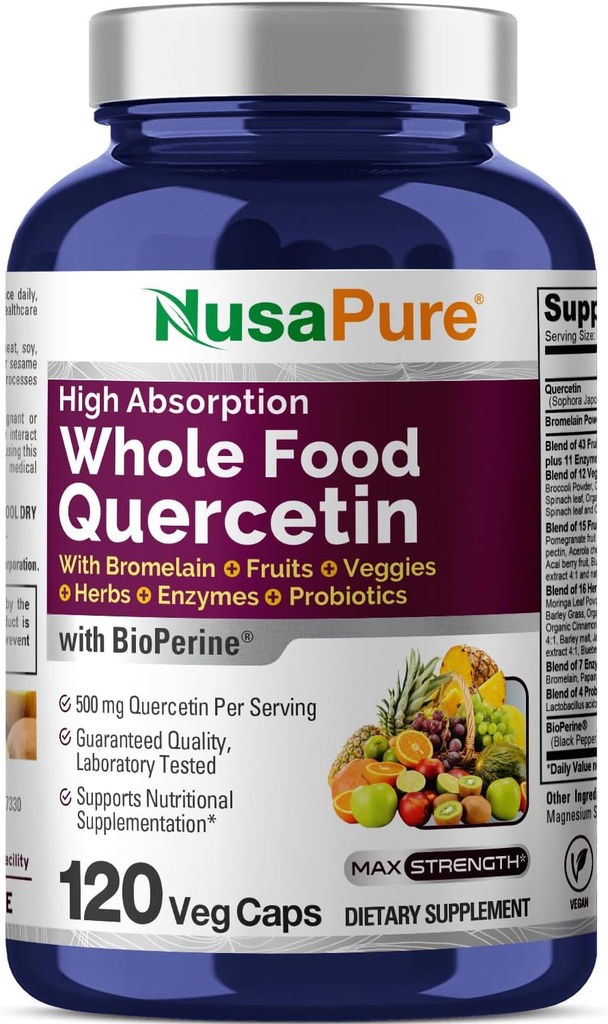 NusaPure Quercetin con Bromelain 500mg |120 Caps Veggie | 43 Frutta Veggie Grain Herbs Enzyme Probiotic Blend | Non OGM, Vegan, Bioperine