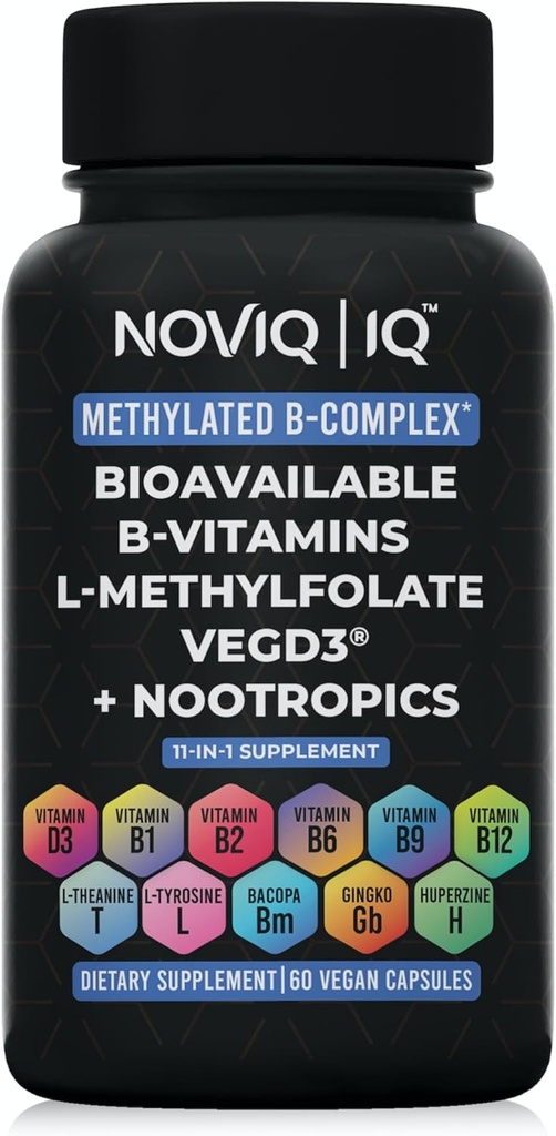 11-in-1 Gemethyleerd B-complexsupplement: 680mcg L-methylfolaat(5-MTHF) Thiamine(B1) Riboflavine(B2) pyridoxal(B6) Methylcobalamine(B12) - VegD3® + Nootropics - 1100mg+ Dienst - 60 Tellen