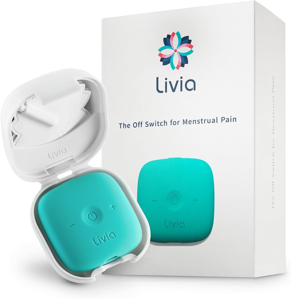 Livia Menstrual Pain Relief Device, Blue-Green – Off-Switch for Period Pain – Portable & Discreet – Rechargeable, Up to 12 Hours Battery – Complete Kit with Stick-On Pads – The Go-to Travel Partner