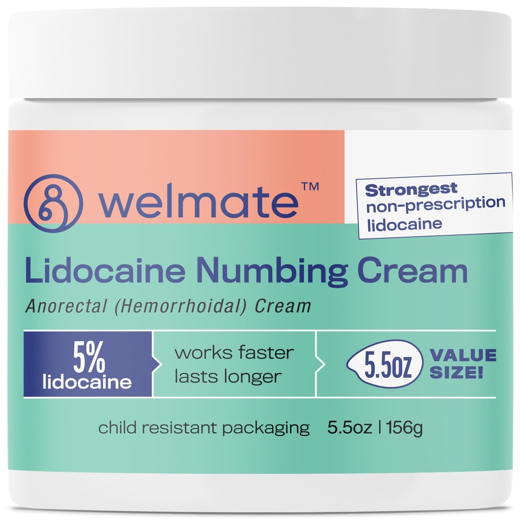 WELMATE 5% Lidocaine Hemorrhoid Relief Cream, Maximum Strength Anorectal Cream, 5.5 oz